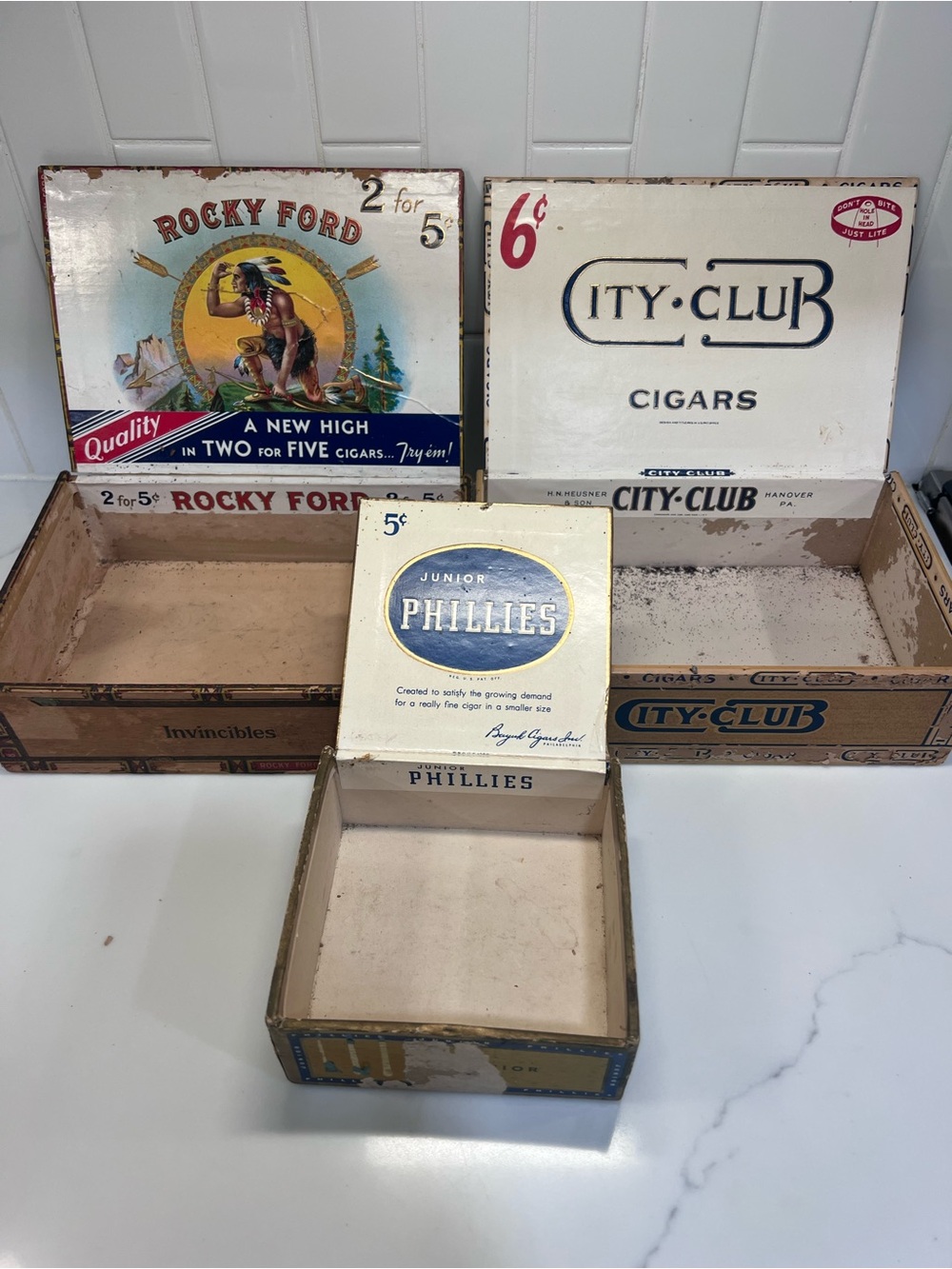 Vintage Rocky Ford With Native American, Ity Club & Phillies Cigar Box Set Of 3
